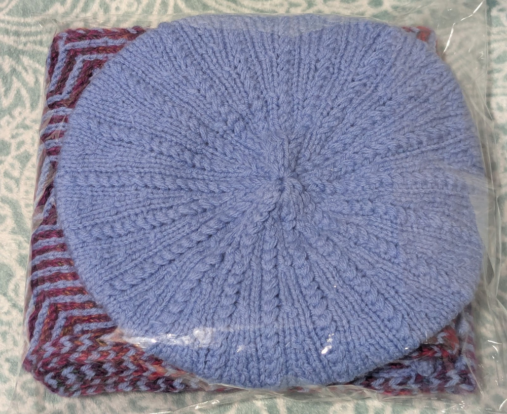 finished beret, with matching zig zag scarf